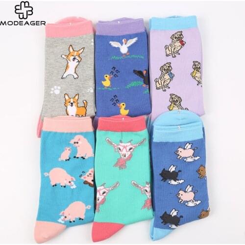 Modeager Korea Cute Dog Pig Pug Duck Animals Women Socks Kawaii Funny Colorful Winter Warm Long Ladies Socks