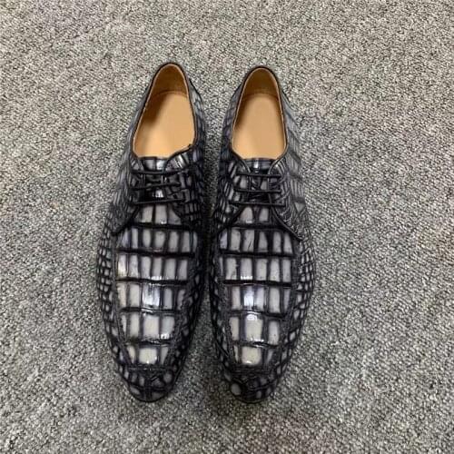 Authentic Real Crocodile Belly Skin 100% Hand Stitched Men Lace-up Dress Oxfords Genuine Alligator Leather Male Dark Gray Shoes
