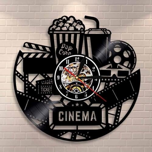 Movie Theater Sign Popcorn Vinyl Record Wall Clock Cinema Production Clock Watching Film Vintage Wall Decor Movies Lovers Gift