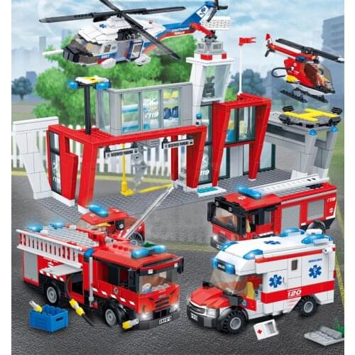 New City Fire Rescue Bricks Medical Ambulance Rescue Helicopter Fire Truck Building Blocks Children Toy Gifts