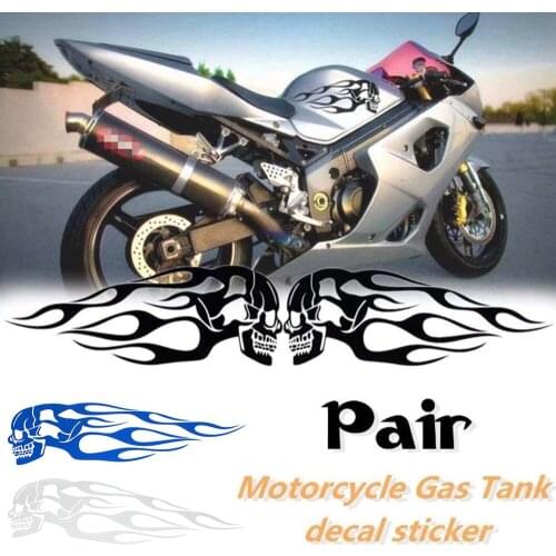 Pair Universal Motorcycle Decal Gas Oil Tank Flames Skull Badge Sticker