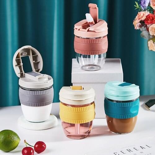 350ml Portable Glass Coffee Cup With Straw Outdoor Travel Car Carrying Water Bottle Leak-Proof Non-Slip Office Home Coffe Mug