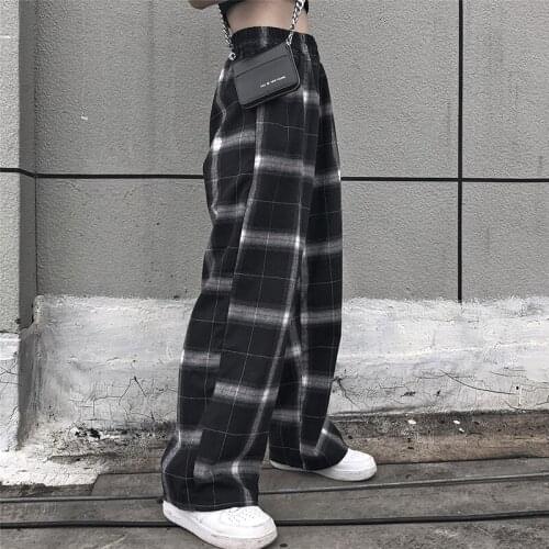 Elastic High Waist Plaid Pants Women Wide Leg Pants Female Korean Japan Jogger Punk Trousers Clothes Gothic Harajuku Francais