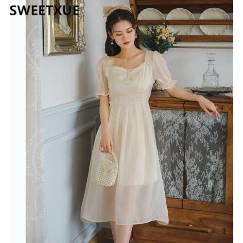 SWEETXUE Retro French Romantic Dress Square Collar Korean Summer Chic Party Kawaii Female Lady Sweet Fairy Cute Kawaii Dresses