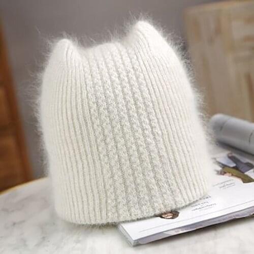 Warm rabbit hair wool Beanies hat cute cat ears knitted hat womens autumn and winter ear protection warm knitted hat