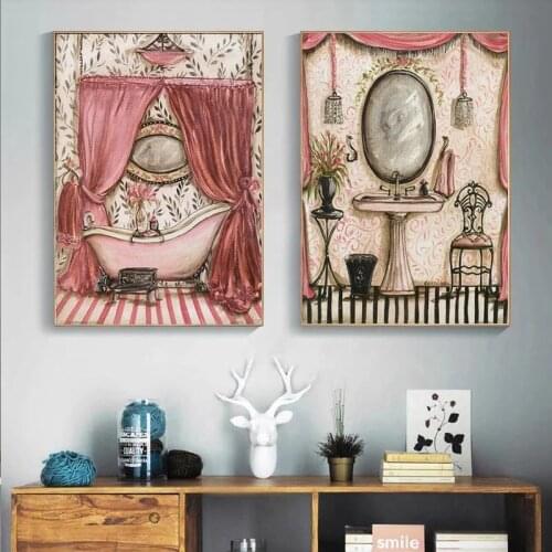 Vintage French Style Shabby Victorian Bathtub Canvas Painting Prints Bathroom Wall Art Decor Pictures Posters Aesthetic Room Dec