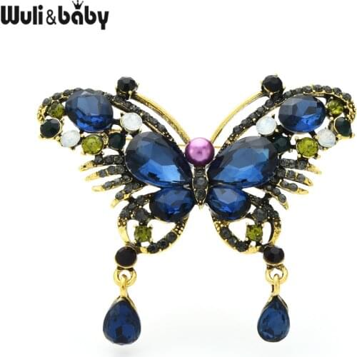 Wuli&baby Crystal Butterfly Brooches For Women Men Blue Purple Insect Brooch Pins Gifts
