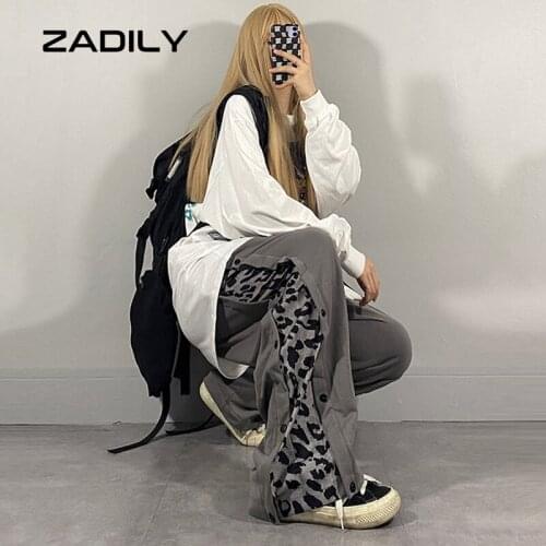 ZADILY Y2K Street Sytle Elastic Waist Straight Pants Harajuku Loose Patchwork Leopard Print Women Long Pant 2021 Summer Trousers