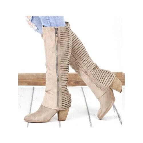 Women Knee High Boots Heels Flock Leather Cowboy Cowgirl Boots Pointed Toe Zipper Western Girls Motorcycle Shoes Woman Ladies