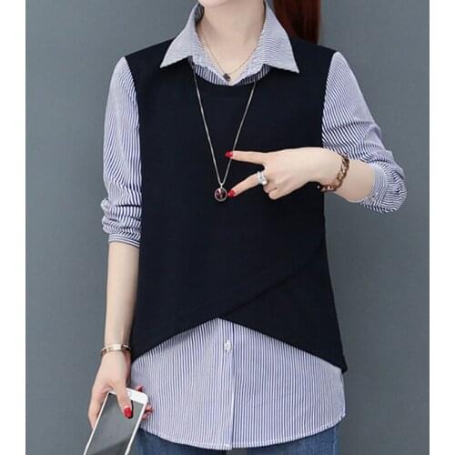 Womens Spring Autumn Style Blouses Shirt Womens Turn-Down Collar Button Long Sleeve Fake Two Pieces Korean Elegant Tops DD9093