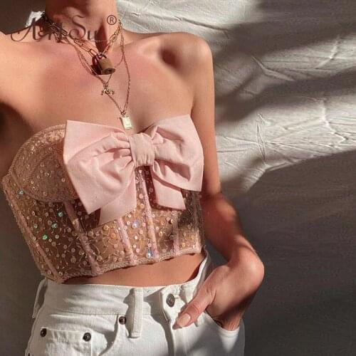 ArtSu Summer Sweet Cute Y2K Big Bow Tube Top Strapless See Through Sexy Mesh Sequin Club Party Tops Womens Corset Crop Top