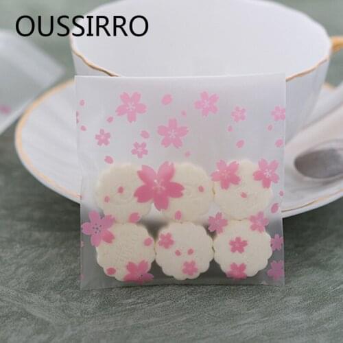 50Pcs 10*10cm 14*14cm Pink Sakura Self-adhesive Cookies Bags Food Snack Baking Party Wedding Candy Packaging Bag