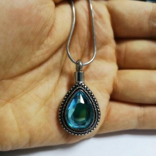 Infinity Memorial Teardrop Urn Necklace Hold Blue Crystal Cremation Jewelry Pendant for Family/Pet Ashes Keepsake Urns