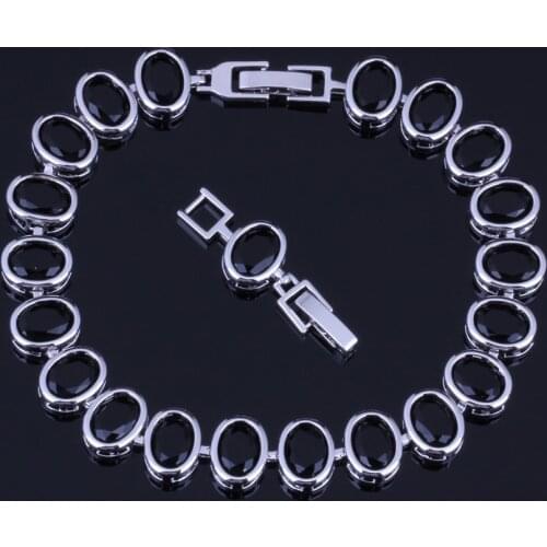 Cheerful Oval Egg Black Cubic Zirconia Silver Plated Link Chain Bracelet 20cm 22cm V0228