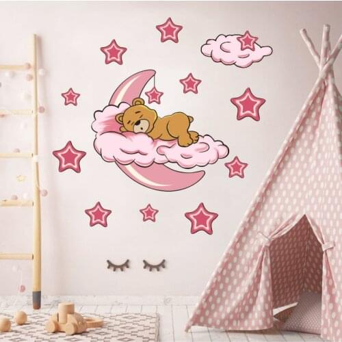 Kids moon Bear Wall Sticker Living Room Vinyl Decal Removable Bear Moon Stars Space Nursery Mural Decor