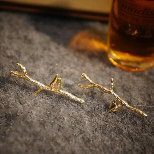 Long Golden Silver Plated Branch Small Bird Resting Special Stud Earrings for Women Unique piercing Jewelry