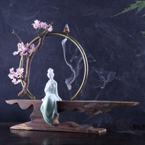 Elegant Lady Ceramic Backflow Incense Burner Holder Lotus Smoke Waterfall Incense Sticks Holder Home Decor Porcelain Ornaments