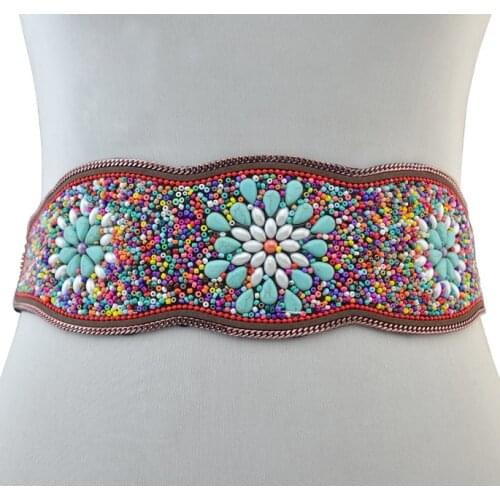 Europe And The United States Wide And Thick Beaded Belt Fashion Retro Set Turquoise Beads Versatile Waist Chain Jewelry Blue