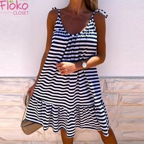 Flokocloset Summer Striped O-Neck Open Back Dress Sexy Spaghetti Strap Midi Dresses for Women 2021