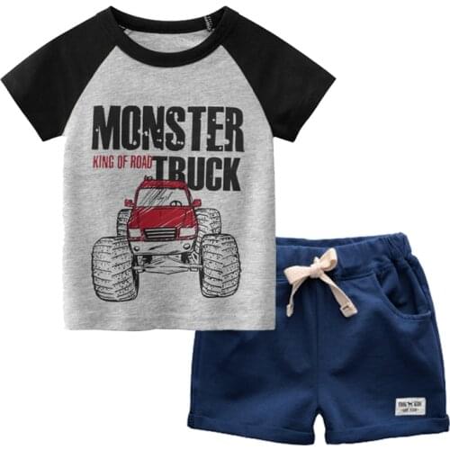 BINIDUCKLING Child Boys Outfits Summer Cotton Truck Printed Short Sleeves Kids Clothes Set Casual Toddler Boy Clothing
