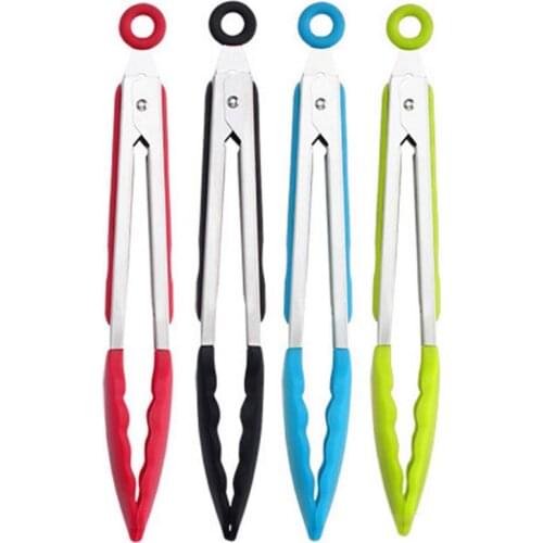 Kitchen Cooking Food Tongs Stainless Steel With Silicone Heads Locking Clip Cookware BPA Free Heat-resistant 480 degree 9"