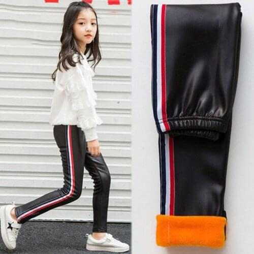 Girl Leggings Pants PU Leather Sports Stripe Thick Plus Golden Velvet Warm Leggins for Girls Kids Children Winter Autumn Spring
