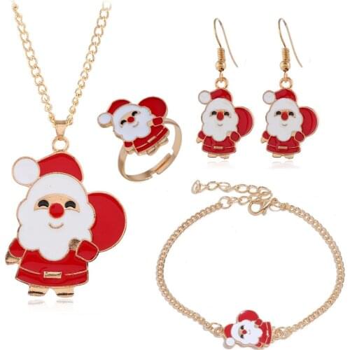Cute Enamel Christmas Santas Claus Charm Jewelry Set for Women Girls Xmas Pendant Festival Necklaces Rings Bracelet Earrings Set