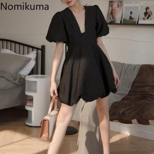 Nomikuma V Neck Puff Sleeve Mini Dress Women Summer New Solid Color Slim Waist A Line Black Dresses Fashion Trend Vestidos Mujer
