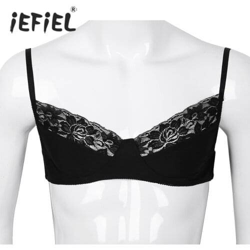 IEFiEL Mens Sissy Gay Lingerie Tank Bralette Smooth Fabric Lace Wetlook Wire-free Bra Top Straps for Men Slip Hommes Underwear
