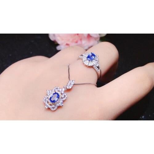 The best gift for Anniversary Natural Sapphire jewelry set Natural Real Sapphire 925 sterling silver 1pc pendant,1pc ring