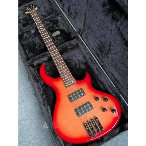 Flame Maple Top 4 Strings Electric Bass Solid Okoume Wood Body 43 Inch Bolt on Active Bass Guitar Red & Blue High Gloss Finish