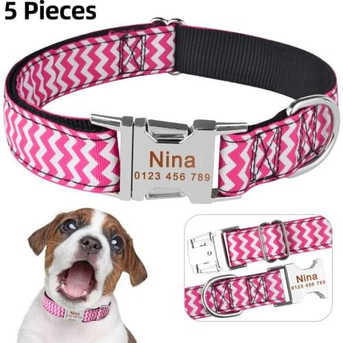 AiruiDog Engraved Dog Collars Personalized Dog Collar Fabric ID Name Tag Buckle Custom Engraved Puppy S M L Dog Name Tag 5Pieces