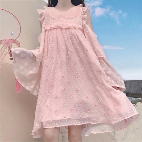 Off The Shoulder Japanese Kawaii Sweet Cute Soft Girly Pink Women Dress Summer Peter Pan Collar Flare Sleeve Lady Dresses