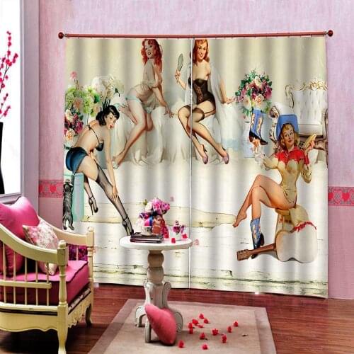 Custom 3D Blackout Curtain nostalgic retro European and American sexy beauty poster bar KTV Window Drapes Sets 2 Panels Hooks