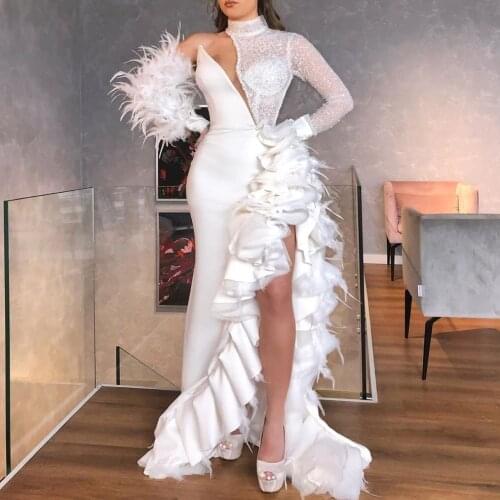 Vestidos formales Party Dress Tiered White Beading Sexy Slit Prom Dresses abiye Sparkling Mermaid Evening Gowns Feathers Sleeve