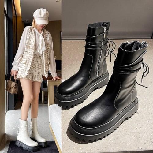 Autumn and Winter New Womens Shoes Solid Color PU Thick Bottom Side Zipper Laces Fashion Trend Street Cool Boots 6KF339