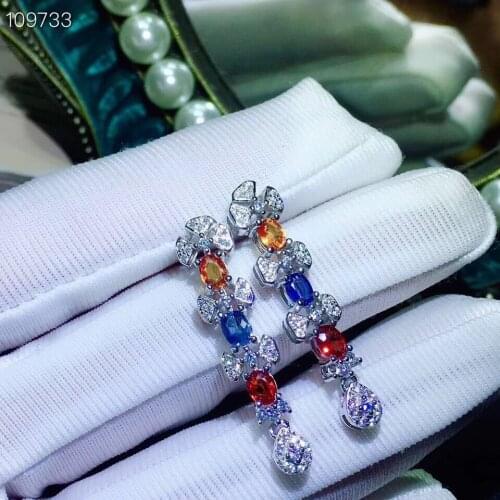 Natural Multicolor sapphire drop earrings S925 silver natural gemstone earrings women Luxurious long Line bowknot woman party