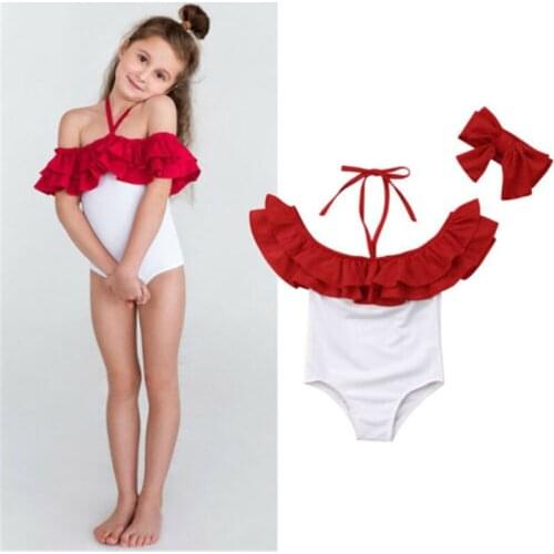 1-5 Years Baby Girls Swimsuits Set Ruffle Sleeve Bandage One Piece Swimsuit Girl Baby Girl Headbands Swimming Suit Kids Outfits