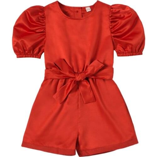 Girl’s 1T-6T Summer Casual Short Sleeve Jumpsuit Fresh Solid Color Back Button Bandage One-piece Short Pants