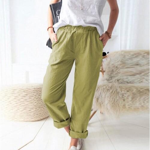 2021 Fashion Summer Casual Pants Womens Solid Cotton Linen Elastic Waist Casual Straight Trousers Long Pants Plus Size