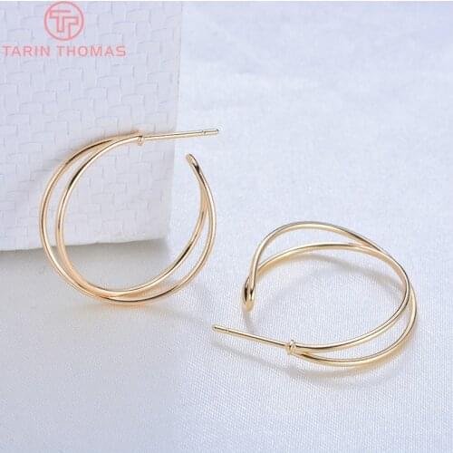 6PCS 23MM 24K Gold Color Plated Brass Round Double layer Stud Earrings High Quality DIY Jewelry Making Findings
