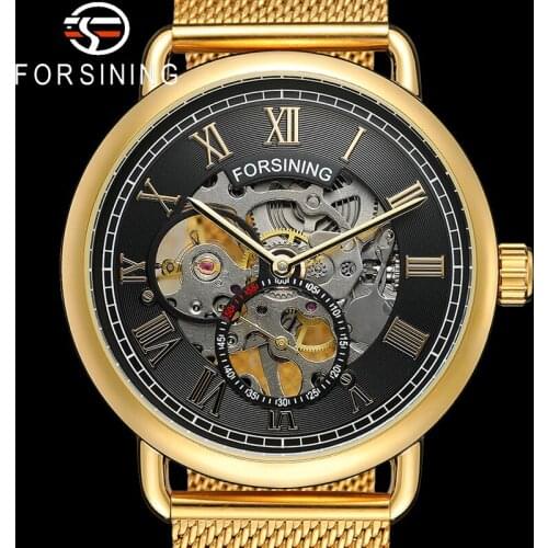 FORSINING Men Wristwatch Military Army Sport Male Clock Top Brand Luxury Gold Stainless Steel Skeleton Man Mechanical Watch 8168