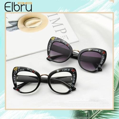Elbru Letter Printed Cat Eye Sunglasses Floral Twill Frames Fashion Personality Irregular Sunshades Colorful Spectacles Unisex