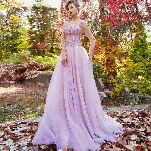 Horizontal neck A-line Net/Tulle Sweep/Brush Floor length Applique Button Evening Dresses long-sleeved Lavender \Lilac Fashion