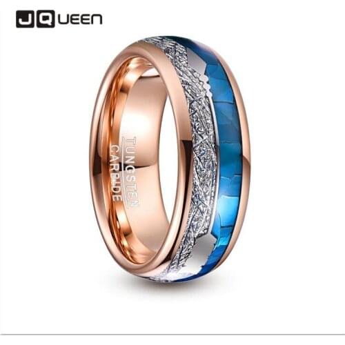 8mm Wide Tungsten Carbide Ring Rose Gold Plating Inlaid Blue Shell + Meteorite+Arrow Dome Tungsten Steel Ring T225R