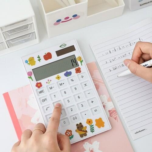 Cartoon Calculator Students Use Simple Solar Calculator Dual Power Mini Portable 12-digit Display Desk Calculator with Stickers