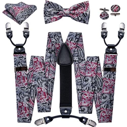 Barry.Wang Men Silk Suspender Set Y-shape Leather Brace 6 Clips Gray Floral Strap Vintage Elastic Suspender with Free Gift Belt