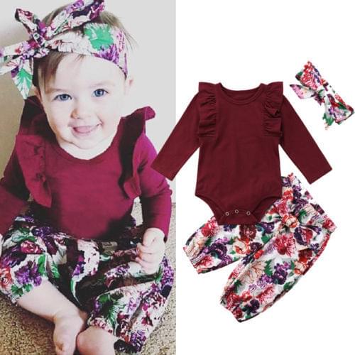 Newborn Baby Girls Floral Printed Clothes Sets Ruffles Tops Rompers +High Waist Pants Headband Outfits Set Clothes