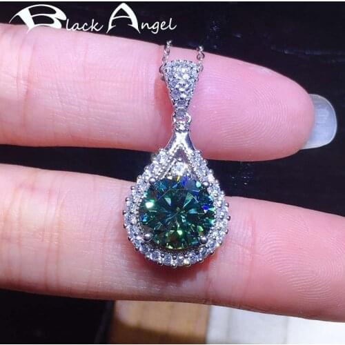 BLACK ANGEL New Water Drop Shaped Luxury Created Blue Green Moissanit CZ Pendant 925 Silver Necklace For Women Jewelry Gift