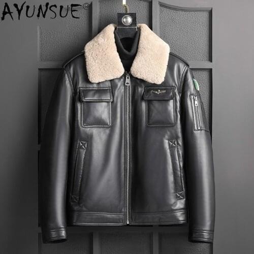 AYUNSUE Genuine Sheepskin Leather Jacket Men Real Wool Fur Collar Clothes Winter 90% White Duck Down Jackets Ropa Hombre LXR994